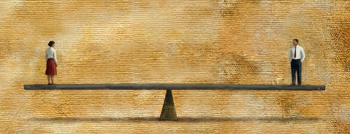 Two figures on a balance beam